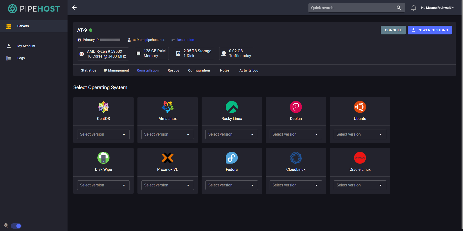 PipeHost Control Panel Dashboard